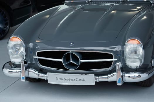 Monaco, Monte Carlo, 29 September 2022 - Classic Mercedes Benz on exhibition of exclusive cars during the yacht show, the famous motorboat exhibition in the principality. High quality photo