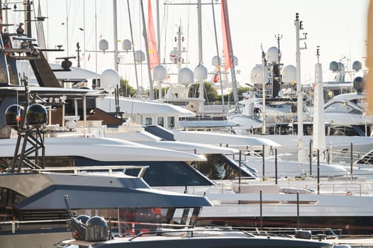 Monaco, Monte Carlo, 01 October 2022 - The famous motorboat exhibition at morning, mega yacht show, novelties of the boating industry. High quality photo