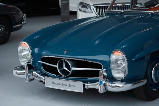 Monaco, Monte Carlo, 29 September 2022 - Classic Mercedes Benz on exhibition of exclusive cars during the yacht show, the famous motorboat exhibition in the principality. High quality photo