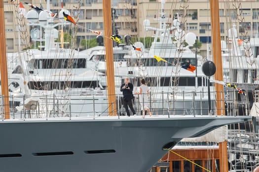 Monaco, Monte-Carlo, 29 September 2022 - the blogger makes a report from the event of the largest fair exhibition in the world yacht show MYS, port Hercules, a lot of new mega yachts, yacht brokers. High quality photo