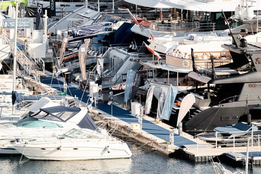 Monaco, Monte Carlo, 01 October 2022 - The famous motorboat exhibition at morning, mega yacht show, novelties of the boating industry. High quality photo