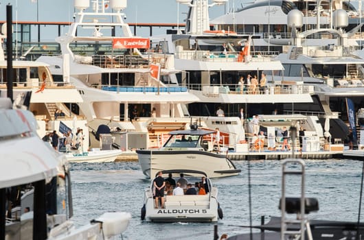 Monaco, Monte Carlo, 29 September 2022 - The famous motorboat exhibition at morning, mega yacht show, novelties of the boating industry. High quality photo