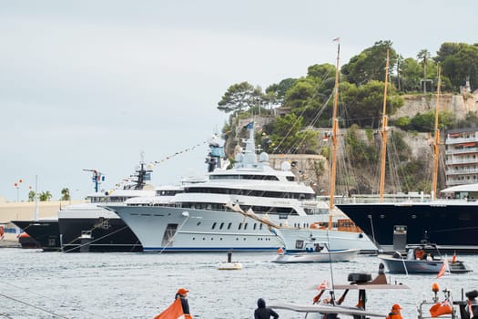 Monaco, Monte Carlo, 29 September 2022 - The famous motorboat exhibition at morning, mega yacht show, novelties of the boating industry. High quality photo