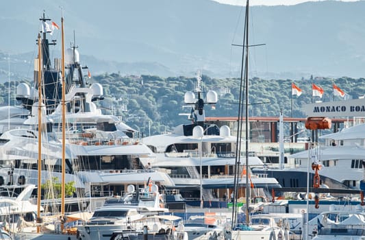 Monaco, Monte Carlo, 01 October 2022 - The famous motorboat exhibition at morning, mega yacht show, novelties of the boating industry. High quality photo