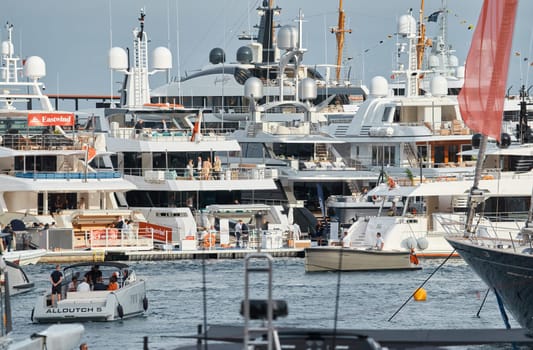 Monaco, Monte Carlo, 29 September 2022 - The famous motorboat exhibition at morning, mega yacht show, novelties of the boating industry. High quality photo