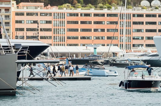 Monaco, Monte Carlo, 29 September 2022 - The famous motorboat exhibition at morning, mega yacht show, novelties of the boating industry. High quality photo