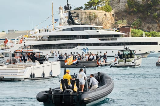 Monaco, Monte Carlo, 29 September 2022 - The famous motorboat exhibition at morning, mega yacht show, novelties of the boating industry. High quality photo