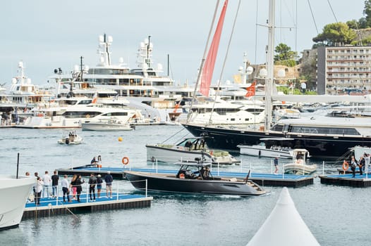 Monaco, Monte Carlo, 29 September 2022 - The famous motorboat exhibition at morning, mega yacht show, novelties of the boating industry. High quality photo