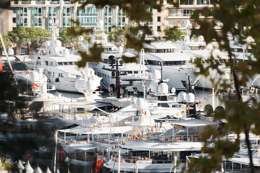 Monaco, Monte Carlo, 01 October 2022 - The famous motorboat exhibition at morning, mega yacht show, novelties of the boating industry. High quality photo