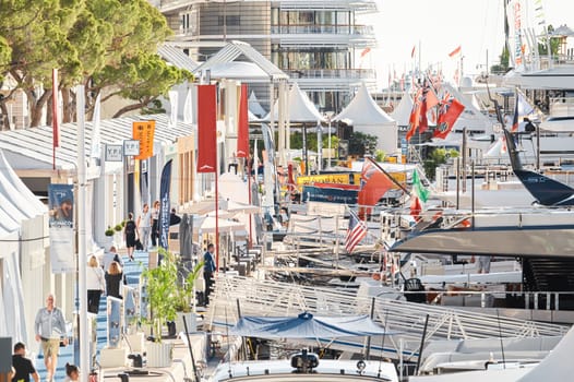 Monaco, Monte Carlo, 01 October 2022 - The famous motorboat exhibition at morning, mega yacht show, novelties of the boating industry. High quality photo