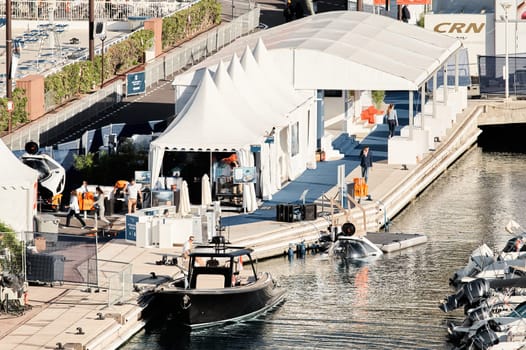 Monaco, Monte Carlo, 01 October 2022 - The famous motorboat exhibition at morning, mega yacht show, novelties of the boating industry. High quality photo