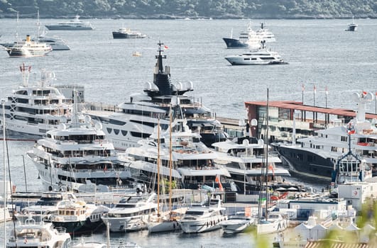 Monaco, Monte Carlo, 01 October 2022 - The famous motorboat exhibition at morning, mega yacht show, novelties of the boating industry. High quality photo