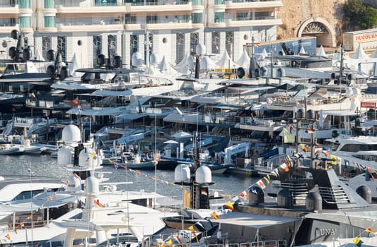 Monaco, Monte Carlo, 01 October 2022 - The famous motorboat exhibition at morning, mega yacht show, novelties of the boating industry. High quality photo