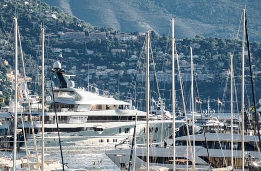 Monaco, Monte Carlo, 01 October 2022 - The famous motorboat exhibition at morning, mega yacht show, novelties of the boating industry. High quality photo