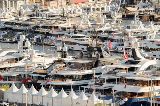 Monaco, Monte Carlo, 01 October 2022 - The famous motorboat exhibition at morning, mega yacht show, novelties of the boating industry. High quality photo