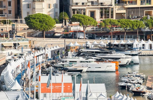 Monaco, Monte Carlo, 01 October 2022 - The famous motorboat exhibition at morning, mega yacht show, novelties of the boating industry. High quality photo