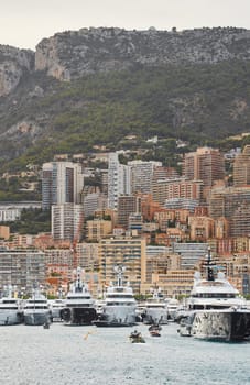 Monaco, Monte Carlo, 29 September 2022 - a lot of luxury yachts at the famous motorboat exhibition, the most expensive boats for the richest people, yacht brokers, boat traffic. High quality photo