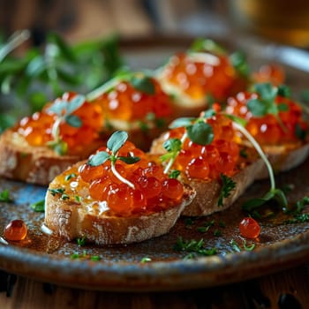 Bruschetta with red caviar lies on a plate. AI generated.
