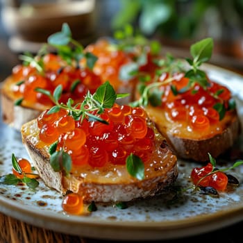 Bruschetta with red caviar lies on a plate. AI generated.