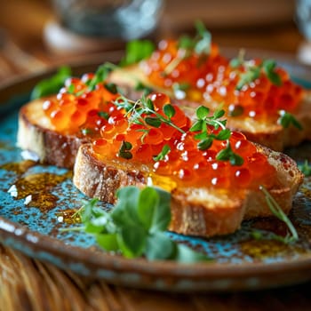 Bruschetta with red caviar lies on a plate. AI generated.