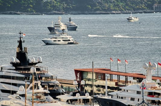 Monaco, Monte Carlo, 01 October 2022 - The famous motorboat exhibition at morning, mega yacht show, novelties of the boating industry. High quality photo