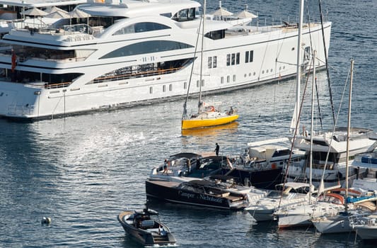 Monaco, Monte Carlo, 01 October 2022 - The famous motorboat exhibition at morning, mega yacht show, novelties of the boating industry. High quality photo