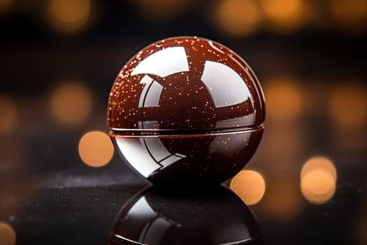 Chocolate sphere on a background with golden bokeh.