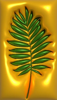 Green palm leaf on orange background, 3D rendering illustration