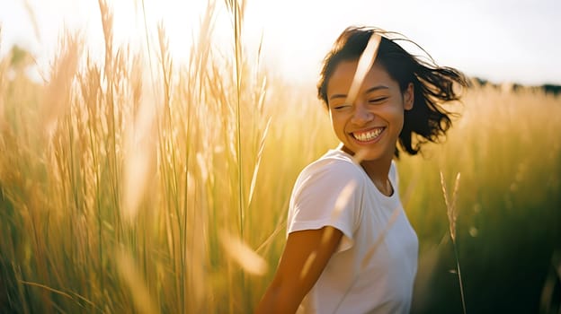 Joyful young woman smiling brightly in a sunlit field of tall grass - generative AI