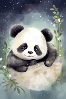 A whimsical cartoon panda bear sleeps in a basket, imagination and childhood concept - generative AI