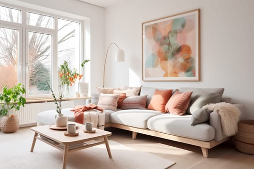 Bright and airy living room featuring a comfortable sofa with pastel-colored pillows, stylish artwork on the wall, and a vibrant plant by the window