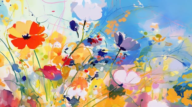 A vibrant burst of color and life, the painting captures the delicate beauty of poppy flowers on a dreamy blue canvas, evoking a sense of whimsy and creativity - generative AI