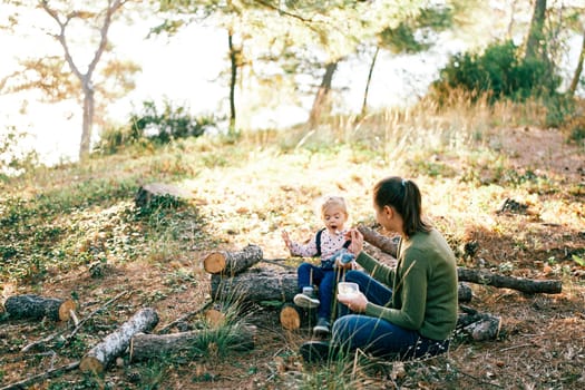 Mom feeds a little girl from a spoon sitting on logs in a forest clearing. High quality photo