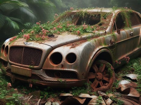 Abandoned rusty expensive atmospheric deluxe sedan car limo as circulation banned for co2 emission 2030 agenda , severe damage, broken parts, plants overgrowth bloom flowers. ai generated