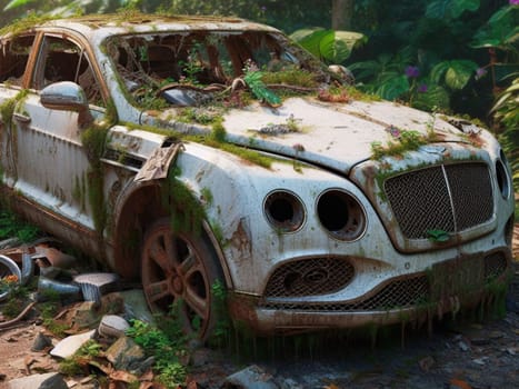 Abandoned rusty expensive atmospheric deluxe sedan car limo as circulation banned for co2 emission 2030 agenda , severe damage, broken parts, plants overgrowth bloom flowers. ai generated