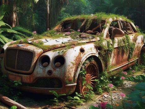 Abandoned rusty expensive atmospheric deluxe sedan car limo as circulation banned for co2 emission 2030 agenda , severe damage, broken parts, plants overgrowth bloom flowers. ai generated