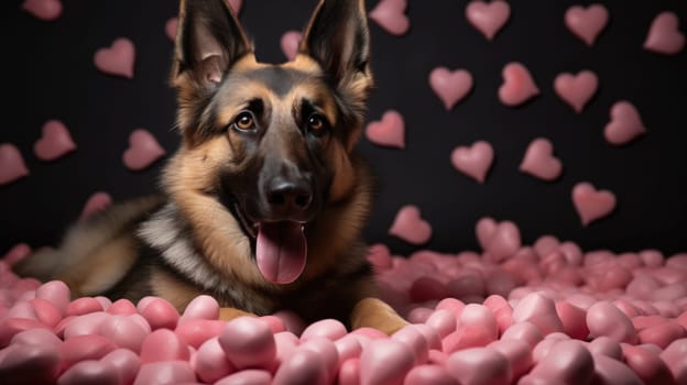 Lovely German shepherd dog with Valentine's day pink hearts looking at the camera.
