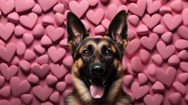 Lovely German shepherd dog looking at the camera against Valentine's day pink heart background