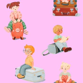 Seamless pattern of smiling girl in jeans and Asian kid, a little blonde tourist, calm, dreaming red-haired boy with glasses is sitting on the grey Suitcase, a teenager with a side view. Old baggage.