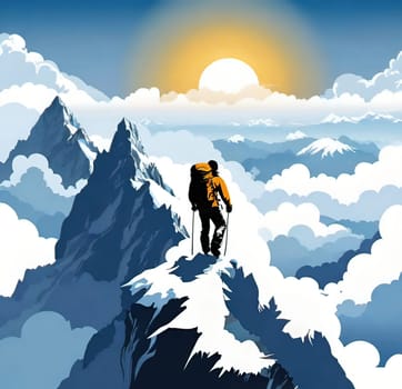 Hiker on the top of the mountain with a backpack. Vector illustration. Business and sport concept.Vector illustration of mountaineer on the top of the mountain.Travel and adventure concept. Vector illustration of a man on the top of a mountain with a backpack