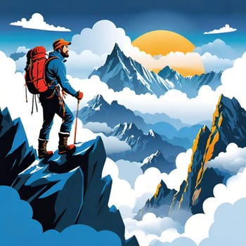 Hiker on the top of the mountain with a backpack. Vector illustration. Business and sport concept.Vector illustration of mountaineer on the top of the mountain.Travel and adventure concept. Vector illustration of a man on the top of a mountain with a backpack