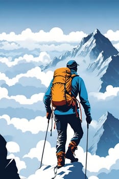 Hiker on the top of the mountain with a backpack. Vector illustration. Business and sport concept.Vector illustration of mountaineer on the top of the mountain.Travel and adventure concept. Vector illustration of a man on the top of a mountain with a backpack