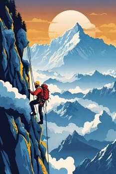 Hiker on the top of the mountain with a backpack. Vector illustration. Business and sport concept.Vector illustration of mountaineer on the top of the mountain.Travel and adventure concept. Vector illustration of a man on the top of a mountain with a backpack