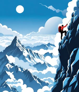 Hiker on the top of the mountain with a backpack. Vector illustration. Business and sport concept.Vector illustration of mountaineer on the top of the mountain.Travel and adventure concept. Vector illustration of a man on the top of a mountain with a backpack