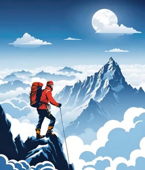 Hiker on the top of the mountain with a backpack. Vector illustration. Business and sport concept.Vector illustration of mountaineer on the top of the mountain.Travel and adventure concept. Vector illustration of a man on the top of a mountain with a backpack