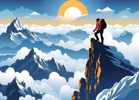 Hiker on the top of the mountain with a backpack. Vector illustration. Business and sport concept.Vector illustration of mountaineer on the top of the mountain.Travel and adventure concept. Vector illustration of a man on the top of a mountain with a backpack