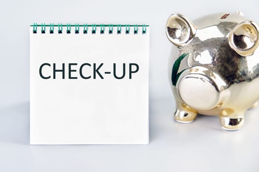 CHECK-UP A word, a text written on a white sheet next to a piggy bank