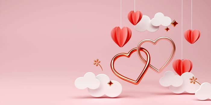 Happy Valentine's day poster with copy space. Beautiful paper cut white clouds with luxury couple bangle heart on pink background. 3D rendering illustration.
