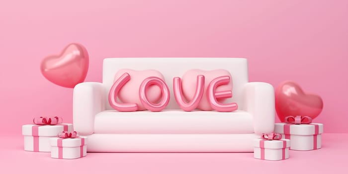 Pink interior with gifts and LOVE text, heart-shaped balloons and sofa. Valentine's day, 3D rendering illustration.