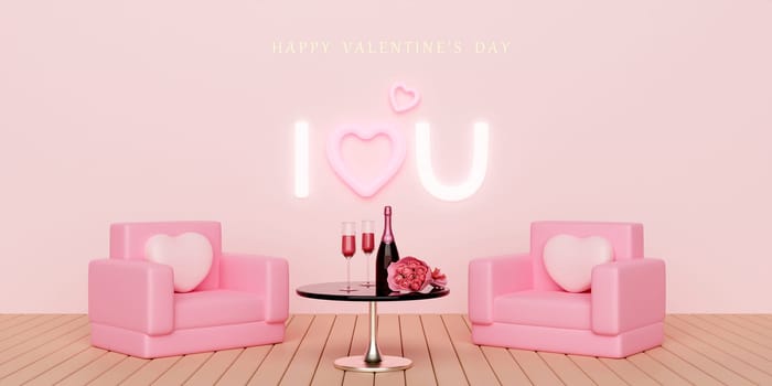 Pink sofa decorated with valentines day text neon light, 3d render Illustration.
